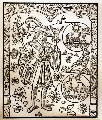 Hyrdekalender - Månedernes arbejde - April - Træsnit fra bogen fra 1496 trykt af Guy Marchant (Guido Mercator) i Troyes - Træstik i "Le grand Calendrier et compost des shepherds" - af Guy Marchant