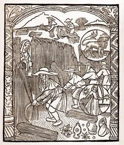 Hyrdekalender - Månedernes arbejde - August - Træsnit fra bogen fra 1496 trykt af Guy Marchant (Guido Mercator) i Troyes - Træstik i "Le grand Calendrier et compost des shepherds" - af Guy Marchant