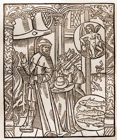 Hyrdekalender - Månedernes Arbejde - Februar - Træsnit fra bogen fra 1496 trykt af Guy Marchant (Guido Mercator) i Troyes - Træstik i "" Le grand Calendrier et compost des shepherds"" - af Guy Marchant