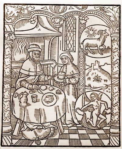 Hyrdekalender - Månedernes arbejde - Januar - Træsnit fra bogen fra 1496 trykt af Guy Marchant (Guido Mercator) i Troyes - Træstik i "Le grand Calendrier et compost des shepherds" - af Guy Marchant