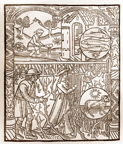 Hyrdekalender - Månedernes arbejde - marts - Træsnit fra bogen fra 1496 trykt af Guy Marchant (Guido Mercator) i Troyes - Træstik i "Le grand Calendrier et compost des shepherds" - af Guy Marchant