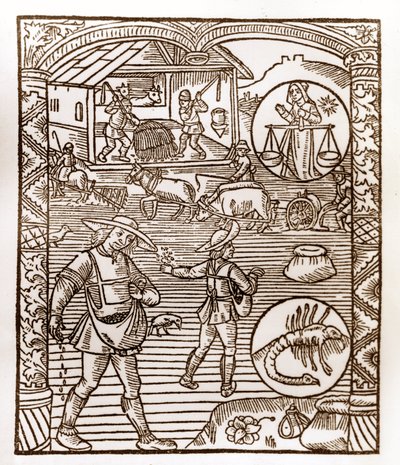 Hyrdekalender - Månedernes arbejde - September - Træsnit fra bogen fra 1496 trykt af Guy Marchant (Guido Mercator) i Troyes - Au premier plan, des peassans sement a la volee - Træsnit i "Le grand Calendrier et compost des shepherds" - af Guy Marchant