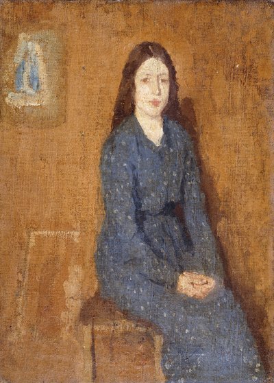 En siddende pige iført en plettet blå kjole, 1914-15 af Gwen John