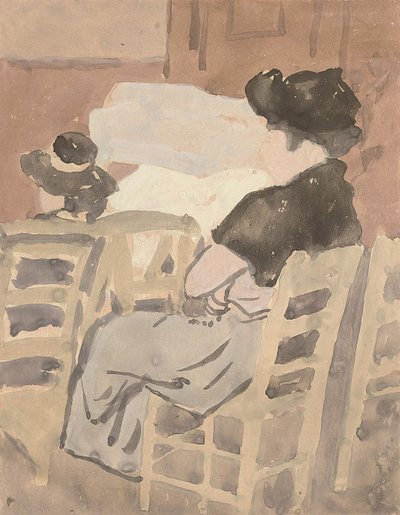 En kvinde og en ung pige i et kirkeinteriør (akvarel på papir) af Gwen John