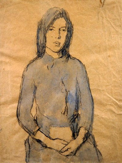 Pige, hænder hviler i hendes skød (blyant og akvarel på papir) af Gwen John