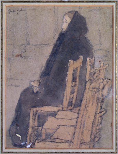 Gammel kvinde i et sort sjal (akvarel, kropsfarve og sort farveblyant på beige papir) af Gwen John