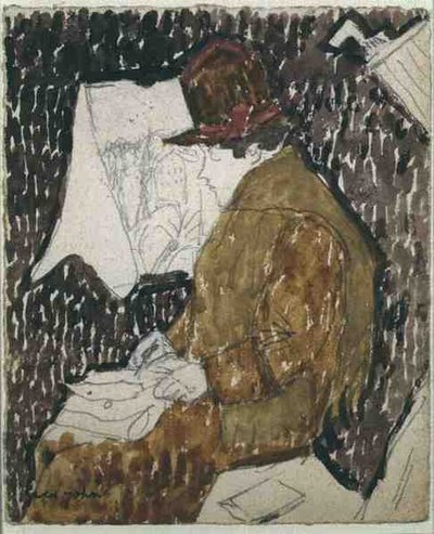 Profil af en kvinde i en jernbanevogn (akvarel på papir) af Gwen John