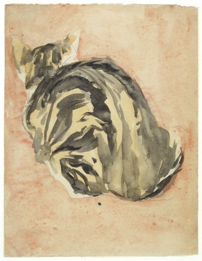 Siddende skildpaddekat (mixed media på papir) af Gwen John
