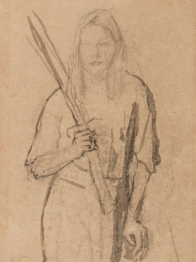 Stående pige med træstolpe i hånden (blyant og vask på papir) af Gwen John
