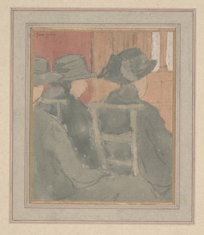 Kvinde og forældreløs pige i kirken (kul og akvarel på papir) af Gwen John