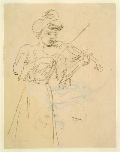 Kvinde står og spiller violin (blyant på papir) af Gwen John
