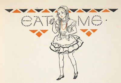 Illustration af Alice med en lille kage med ordene 