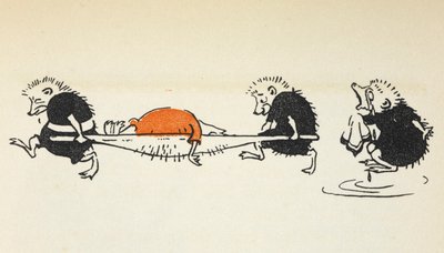 Illustration af to pindsvin, der bærer en skadet kroketspiller, og som følges af et andet grædende pindsvin. af Gwynedd M. Hudson