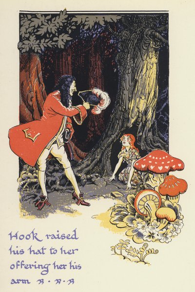 Peter Pan og Wendy: Hook løftede sin hat mod hende og tilbød hende sin arm (farve litho) af Gwynedd M. Hudson