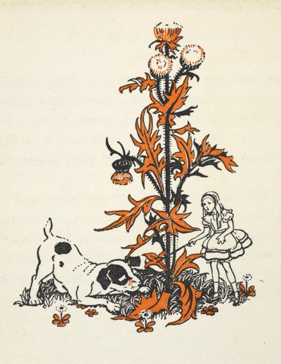 Skrumpe-Alice og hvalpen ved en kæmpestor tidsel. af Gwynedd M. Hudson