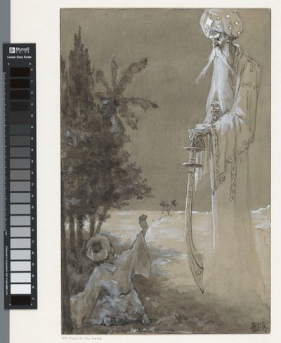 Høj mand med skæg ser ned på en siddende dreng af H.C. Louwerse (signed by artist)