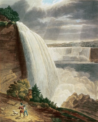 Niagara Falls, en del af American Fall from the Foot of the Stair Case, indgraveret af J. Hill, pub. af H.L.Megarcy (farvegravering) af H.J. Bennett