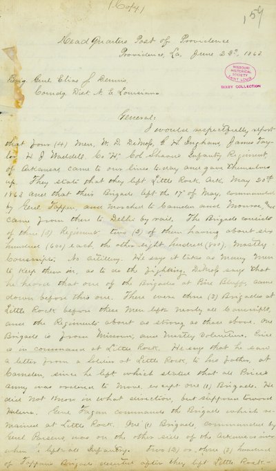 Brev fra H. T. Reid, hovedkvarter, Post of Providence, Louisiana, til brigadegeneral Elias S. Dennis, 22. juni 1863 af H.T. Reid