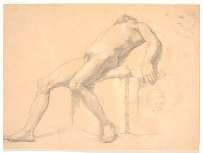 Studie af mandlig, nøgen, tilbagelænet model. T.h. to portræthoveder, den ene muligvis Constantin Hansen af H.W. Bissen