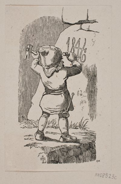 En nisse indhugger årstallet 1846 i en klippe af H. C. Henneberg