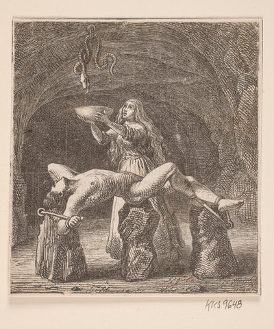 Sigyn holder skålen mellem slangen og Loke af H. C. Henneberg