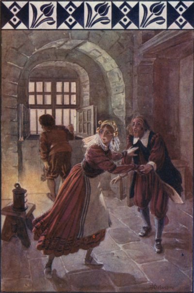 "Kl. ni i aften", sagde hun til ham (farve litho) af H. Delaspre