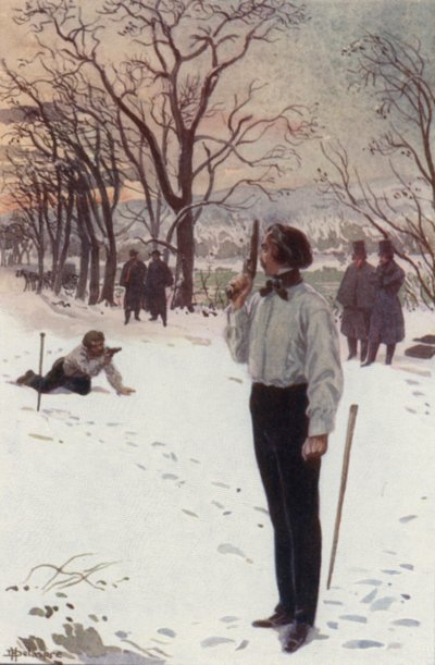 Henri, der stod stille og dækkede sit ansigt med sin pistol, ventede (farve litho) af H. Delaspre