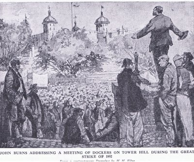 John Burns taler til et møde for havnearbejdere på Tower Hill under den store strejke i 1892, fra Cassells History of the British People udgivet af Waverley Book Company Limited, ca. 1940 af H. H. Flere