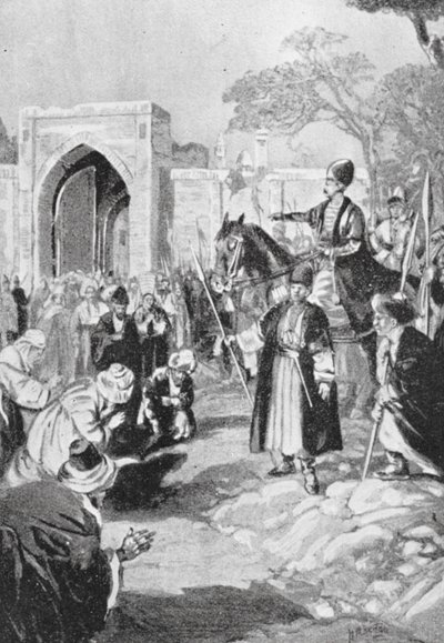 Bokhara åbner sin port for den mongolske Ogodai Khan, AD 1231 (litografi) af H. M. (after) Burton