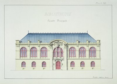 Hovedfacade af et bibliotek, plade XII fra en folio af design, ca. 1870 af H. Monnot