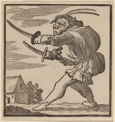 Hunchback viftende med to sværd af H. Numan after Jacques Callot