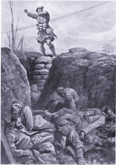 Menig Brown (Gordon Highlander) bomber fjenden i en tysk skyttegrav fra toppen af en barrikade. (litho) af H. Ripperger