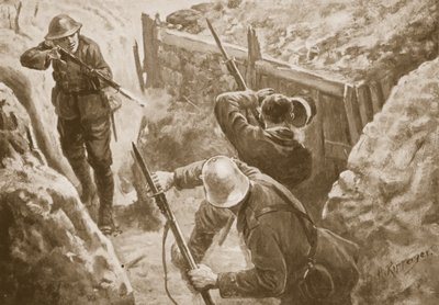 Menig J. Hutchinson skyder to tyske vagtposter, da han leder et angreb på en tysk skyttegrav af H. Ripperger