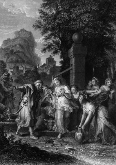 Mødet mellem Eliezer og Rebecca ved brønden, 1800-tallet. af H. Robinson