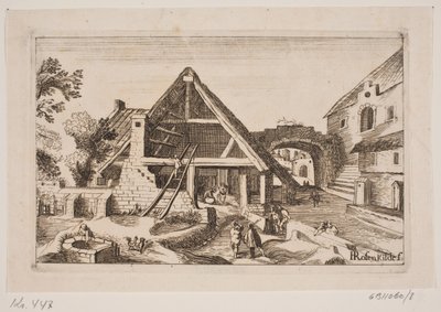 Byinteriør med lade og Jesu fødsel af H. Rosenkilde