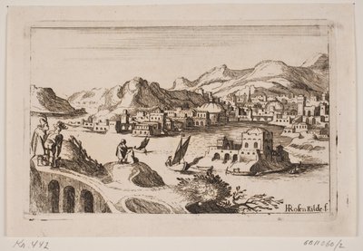 Kuperet kystlandskab med orientalske bygninger af H. Rosenkilde
