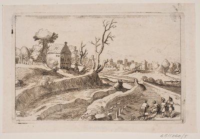 Landskab med kapel med et lille kors på gavlen af H. Rosenkilde