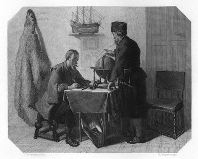 Willem Barents og Jacob van Heemskerk kortlægger deres rute, 1596 c1870 af H. Sluyter