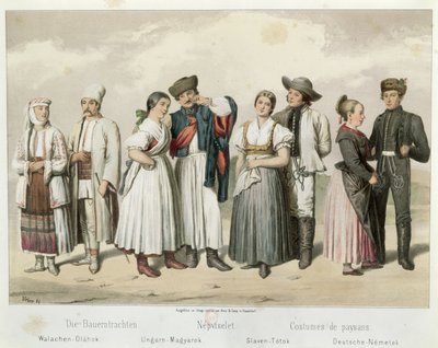 Bøndernes dragter fra (fra venstre mod højre) Rumænien, Ungarn, Slovakiet og Tyskland, fra "Esquisses de la Vie Populaire en Hongroie" af Gabriel de Pronay, 1855 af H. Veber