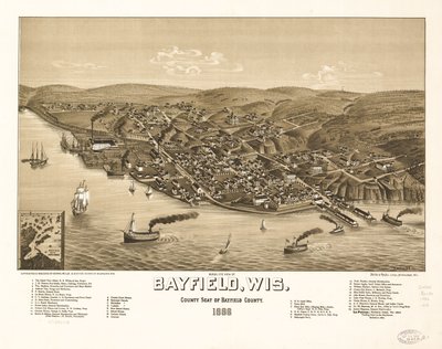 Fugleperspektiv af Bayfield, Wisconsin, amtssæde i Bayfield County 1886. LOC 75696703 af H. Wellge