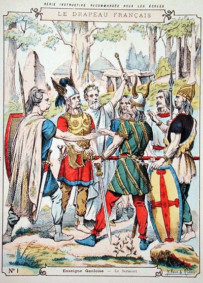 Galliske krigere, der sværger en ed, fra et beskyttende ærme til skolebøger, slutningen af det 19. århundrede (farve litho) af H. and Louis R. Feist