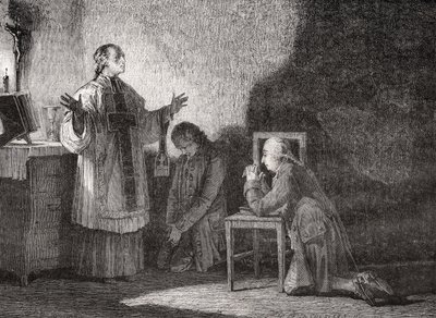 Ludvig XVI (1754-93) ved bøn før hans henrettelse af H. de la Charlerie