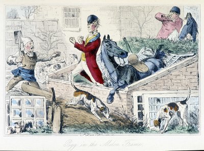 Kamp mellem en landmand og en jæger. Engelsk karikatur på rævejagten fra "thomas Scotts eller Hawbuck Granges eventyr", illustration af H.K. Browne og W.T. Maud. af Hablot Knight Browne
