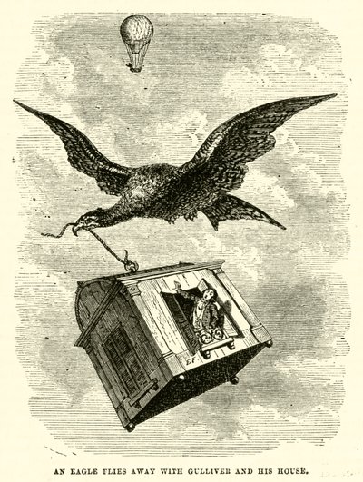 En ørn flyver væk med Gulliver og hans hus (gravering) af after Hablot Knight Browne