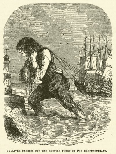 Gulliver bortfører den fjendtlige flåde af Blefuscudians (gravering) af after Hablot Knight Browne