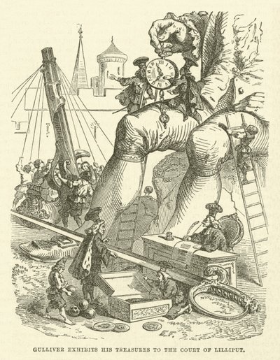 Gulliver udstiller sine skatte til hoffet i Lilliput (gravering) af after Hablot Knight Browne