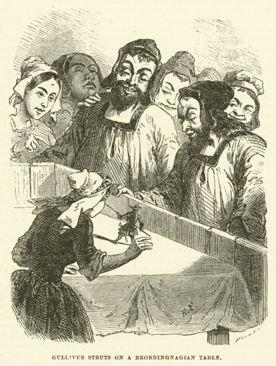 Gulliver stivere på et Brobdingnagian bord (gravering) af after Hablot Knight Browne