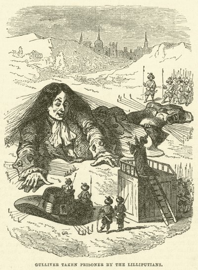 Gulliver taget til fange af Lilliputians (gravering) af after Hablot Knight Browne