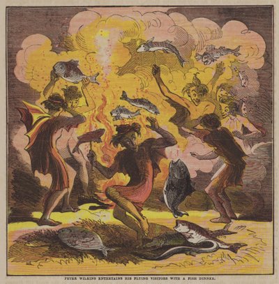 Peter Wilkins underholder sine flyvende besøgende med en fiskemiddag (farve litho) af after Hablot Knight Browne