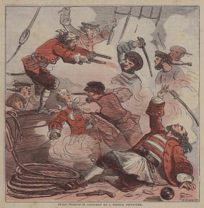 Peter Wilkins er fanget af en fransk kaper (farve litho) af after Hablot Knight Browne
